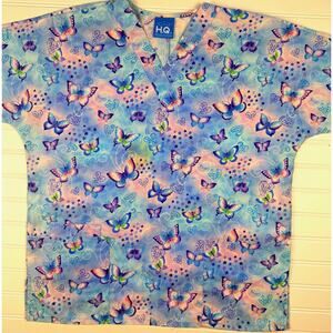 Scrub HQ Butterfly Print Scrub Top Women’s Size M Blue Purple V Neck Pockets